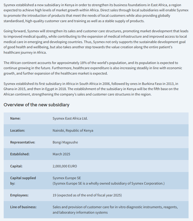 PesaWall's tweet image. Sysmex, a Japanese company dealing with medical and laboratory diagnostic equipment, set up a subsidiary in Kenya in March this year.