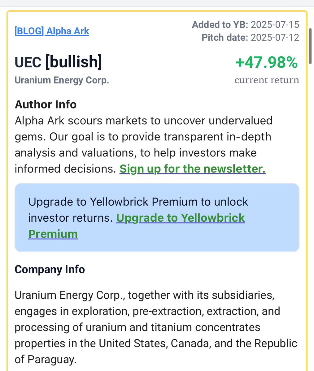 AlphaArkInvest's tweet photo. Up almost 50% on $UEC and counting. Writeup published just a month ago. Uranium is not done https://t.co/Mv0eAnvSwd