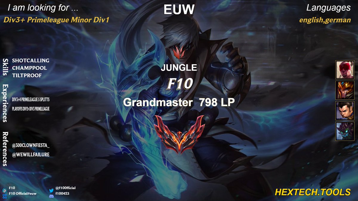 LFT Jungle | PRM Div 3+ / Minor ERL Div 1
LFT for upcoming split after a great run w/ Team300 ❤️
🔹 Jungle 
🔹 EN [+ optional: DE]
🔹 Full tryout availability
🔹 Long-term &amp; competitive mindset

📩 DMs open / RTs appreciated!

DC: f100423
LoL: F10 Official#euw