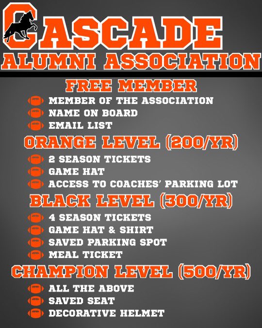 🏈 Cascade Football Alumni!

Join us for Alumni Night August 22nd!

🔥 Tailgate @ 5 PM
👟 On-field warmups @ 5:30
📢 Class announcements @ 6:30
👀 Special unveiling you won’t want to miss!

🎟 Join the Alumni Association too — free to $500/yr levels!
📸 Details below ⬇️