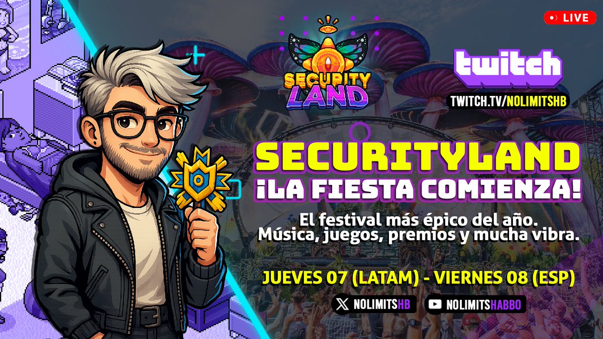 🎉 ¡SECURITYLAND está por comenzar! 🌈

Me uno en directo desde Habbo para vivir el festival más épico del año.

🎧 Música, juegos, premios y mucha vibra.
📅 Jueves 7 de agosto
📍 Twitch: twitch.tv/nolimitshb

<a href="/ESHabboSecurity/">HabboSecurity</a> <a href="/ESHabbo/">Habbo ES/MX</a>