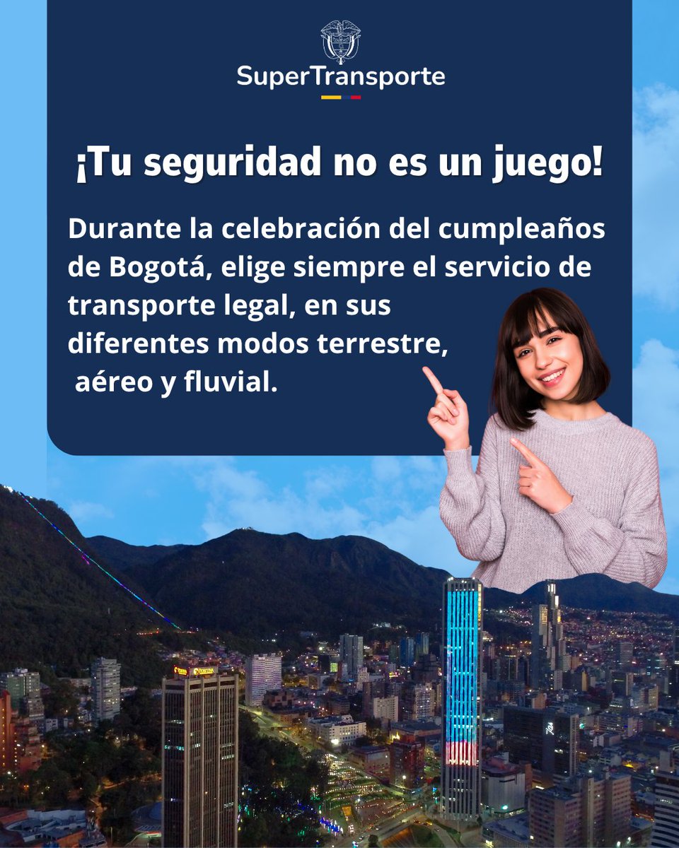 🚦 Bien sea por tierra, aire o agua, la seguridad es tarea de todos, por eso, durante la conmemoración del cumpleaños de #Bogotá, movilízate de forma legal y segura, usando el #TransporteLegal y respetando la normatividad, porque #NosMovemosConLegalidad #487RazonesPorBogotá