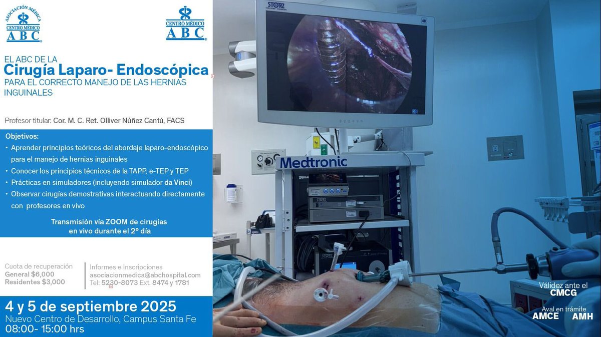 A un mes ya de poder tener este curso de hernia inguinal por laparo-endoscopía en Cd. de México. Tendremos simuladores (incluyendo el del da Vinci) y cirugía demostrativa con transmisión al aula.  Técnicas TAPP, TEP y e-TEP. Quedan algunos lugares… 💪🏻🧠

asociacionmedica-abc.com/cirugia-laparo…
