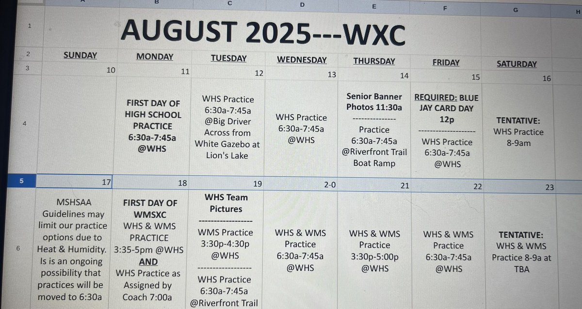 2025 WXC 
First Day of Practice:
WHS August 11
WMS August 18
You Must be Registered to Practice
Schedule Below.