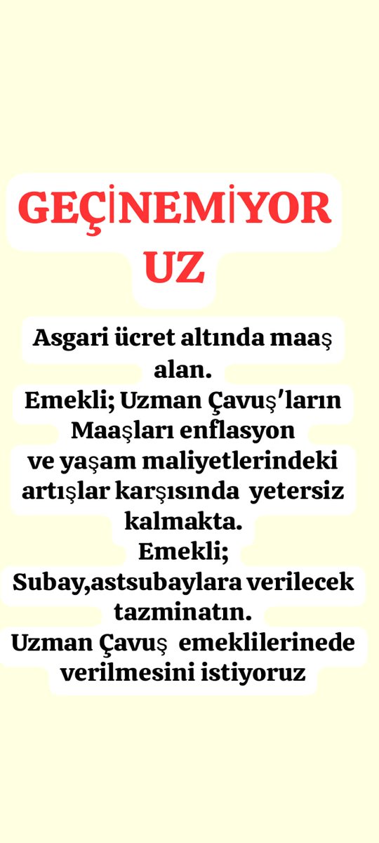 Ahmet Daban (@6binsayilikanun) on Twitter photo <a href="/ibrahim_0634/">İbrahim Akduman (1)</a> <a href="/alitilkici38/">Ali Tilkici 🇹🇷</a> <a href="/RTErdogan/">Recep Tayyip Erdoğan</a> <a href="/tcsavunma/">T.C. Millî Savunma Bakanlığı</a> <a href="/alp_kavaklioglu/">𝑨𝒍𝒑𝒂𝒔𝒍𝒂𝒏 𝑲𝒂𝒗𝒂𝒌𝒍ı𝒐𝒈̆𝒍𝒖</a> <a href="/heybetmusa/">Musa HEYBET</a> <a href="/DursunATAS38/">Dursun ATAŞ</a> <a href="/SuayAlpay/">Şuay Alpay🇹🇷</a> <a href="/hulusiakarmedya/">Hulusi AKAR</a> <a href="/TSKGnkur/">TSK</a> <a href="/mehmetucum/">Mehmet Uçum</a> <a href="/refik_ozen16/">refik ozen</a> <a href="/memetsimsek/">Mehmet Simsek</a> <a href="/cagatayozdemirr/">Çağatay Özdemir</a> <a href="/iletisim/">T.C. İletişim Başkanlığı</a> <a href="/dbdevletbahceli/">Devlet Bahçeli</a> <a href="/Akparti/">AK Parti</a> <a href="/MHP_Bilgi/">MHP</a> <a href="/herkesicinCHP/">CHP 🇹🇷</a> <a href="/eczozgurozel/">Özgür Özel</a> <a href="/cuneytozdemir/">cüneyt özdemir</a> <a href="/Yilmaz_Ozdill/">Yılmaz ÖZDİL</a> <a href="/iyiparti/">İYİ Parti</a> <a href="/zaferpartisi/">Zafer Partisi</a> <a href="/HMBakanligi/">T.C. Hazine ve Maliye Bakanlığı</a> <a href="/Anahtarpartim/">Yavuz AĞIRALİOĞLU Gönüllüleri🇹🇷</a> <a href="/eczozgurozel/">Özgür Özel</a>
<a href="/cuneytozdemir/">cüneyt özdemir</a>
<a href="/Yilmaz_Ozdill/">Yılmaz ÖZDİL</a>
<a href="/iyiparti/">İYİ Parti</a>
<a href="/zaferpartisi/">Zafer Partisi</a>
<a href="/HMBakanligi/">T.C. Hazine ve Maliye Bakanlığı</a>
<a href="/memetsimsek/">Mehmet Simsek</a>
<a href="/Anahtarpartim/">Yavuz AĞIRALİOĞLU Gönüllüleri🇹🇷</a>
45 yaş nedeniyle zorla emekli edilen
#UzmanÇavuş'lar geçim sıkıntısı yaşamakta geçinemiyorlar.
Zorla emekli ederken aldığınız
#BirDerece'yi
Ve
#Tazminat istiyoruz <a href="/ibrahim_0634/">İbrahim Akduman (1)</a> <a href="/alitilkici38/">Ali Tilkici 🇹🇷</a> <a href="/RTErdogan/">Recep Tayyip Erdoğan</a> <a href="/tcsavunma/">T.C. Millî Savunma Bakanlığı</a> <a href="/alp_kavaklioglu/">𝑨𝒍𝒑𝒂𝒔𝒍𝒂𝒏 𝑲𝒂𝒗𝒂𝒌𝒍ı𝒐𝒈̆𝒍𝒖</a> <a href="/heybetmusa/">Musa HEYBET</a> <a href="/DursunATAS38/">Dursun ATAŞ</a> <a href="/SuayAlpay/">Şuay Alpay🇹🇷</a> <a href="/hulusiakarmedya/">Hulusi AKAR</a> <a href="/TSKGnkur/">TSK</a> <a href="/mehmetucum/">Mehmet Uçum</a> <a href="/refik_ozen16/">refik ozen</a> <a href="/memetsimsek/">Mehmet Simsek</a> <a href="/cagatayozdemirr/">Çağatay Özdemir</a> <a href="/iletisim/">T.C. İletişim Başkanlığı</a> <a href="/dbdevletbahceli/">Devlet Bahçeli</a> <a href="/Akparti/">AK Parti</a> <a href="/MHP_Bilgi/">MHP</a> <a href="/herkesicinCHP/">CHP 🇹🇷</a> <a href="/eczozgurozel/">Özgür Özel</a> <a href="/cuneytozdemir/">cüneyt özdemir</a> <a href="/Yilmaz_Ozdill/">Yılmaz ÖZDİL</a> <a href="/iyiparti/">İYİ Parti</a> <a href="/zaferpartisi/">Zafer Partisi</a> <a href="/HMBakanligi/">T.C. Hazine ve Maliye Bakanlığı</a> <a href="/Anahtarpartim/">Yavuz AĞIRALİOĞLU Gönüllüleri🇹🇷</a> <a href="/eczozgurozel/">Özgür Özel</a>
<a href="/cuneytozdemir/">cüneyt özdemir</a>
<a href="/Yilmaz_Ozdill/">Yılmaz ÖZDİL</a>
<a href="/iyiparti/">İYİ Parti</a>
<a href="/zaferpartisi/">Zafer Partisi</a>
<a href="/HMBakanligi/">T.C. Hazine ve Maliye Bakanlığı</a>
<a href="/memetsimsek/">Mehmet Simsek</a>
<a href="/Anahtarpartim/">Yavuz AĞIRALİOĞLU Gönüllüleri🇹🇷</a>
45 yaş nedeniyle zorla emekli edilen
#UzmanÇavuş'lar geçim sıkıntısı yaşamakta geçinemiyorlar.
Zorla emekli ederken aldığınız
#BirDerece'yi
Ve
#Tazminat istiyoruz