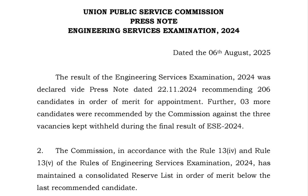 resultbharat's tweet image. 📢 UPSC Engineering Services Examination 2024 – Reserve List जारी!
#UPSC #EngineeringServices #ReserveList #ResultBharat
🔗 रिज़र्व लिस्ट डाउनलोड करने के लिए यहाँ क्लिक करें: 👇
👉 resultbharat.com/UPSC-Engineeri…