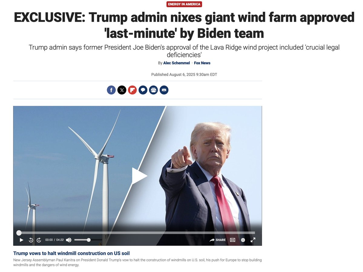 Steve Milloy (@junkscience) on Twitter photo Wind is dead in the US: Trump kills Lava Ridge wind project:
"The Lava Ridge Wind Project, approved in December 2024 by the Biden administration's Bureau of Land Management, was expected to be a 1,000-megawatt wind farm with up to 231 wind turbines across nearly 57,447 acres in Wind is dead in the US: Trump kills Lava Ridge wind project:
"The Lava Ridge Wind Project, approved in December 2024 by the Biden administration's Bureau of Land Management, was expected to be a 1,000-megawatt wind farm with up to 231 wind turbines across nearly 57,447 acres in