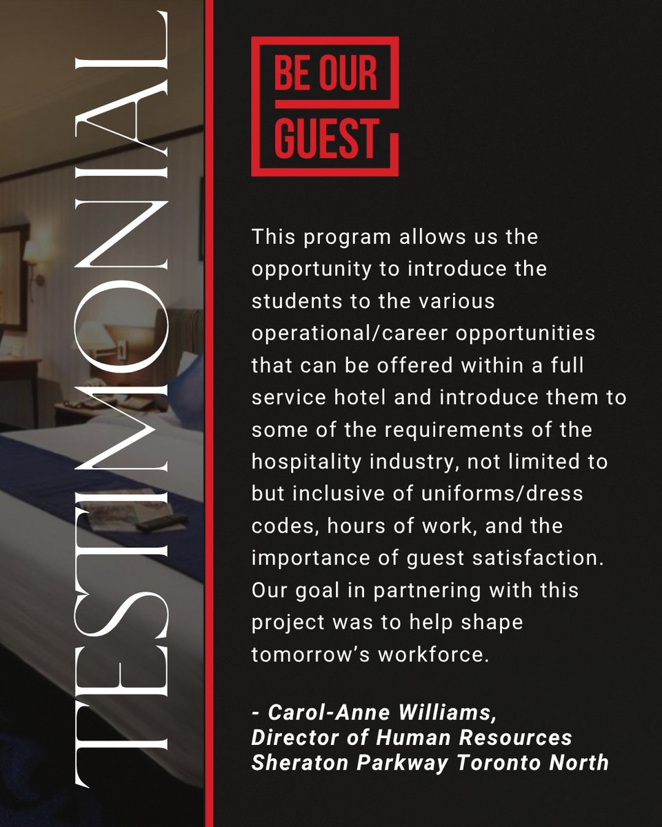 Another year of inspiring students with the Be Our Guest Program, let’s hear from another employer - Carol-Anne Williams, Director of Human Resources at the @sheratonparkway. 
Click the link in our bio for more.
#hospitality #hospitalitycareers #testimonials #yrdsb #students
