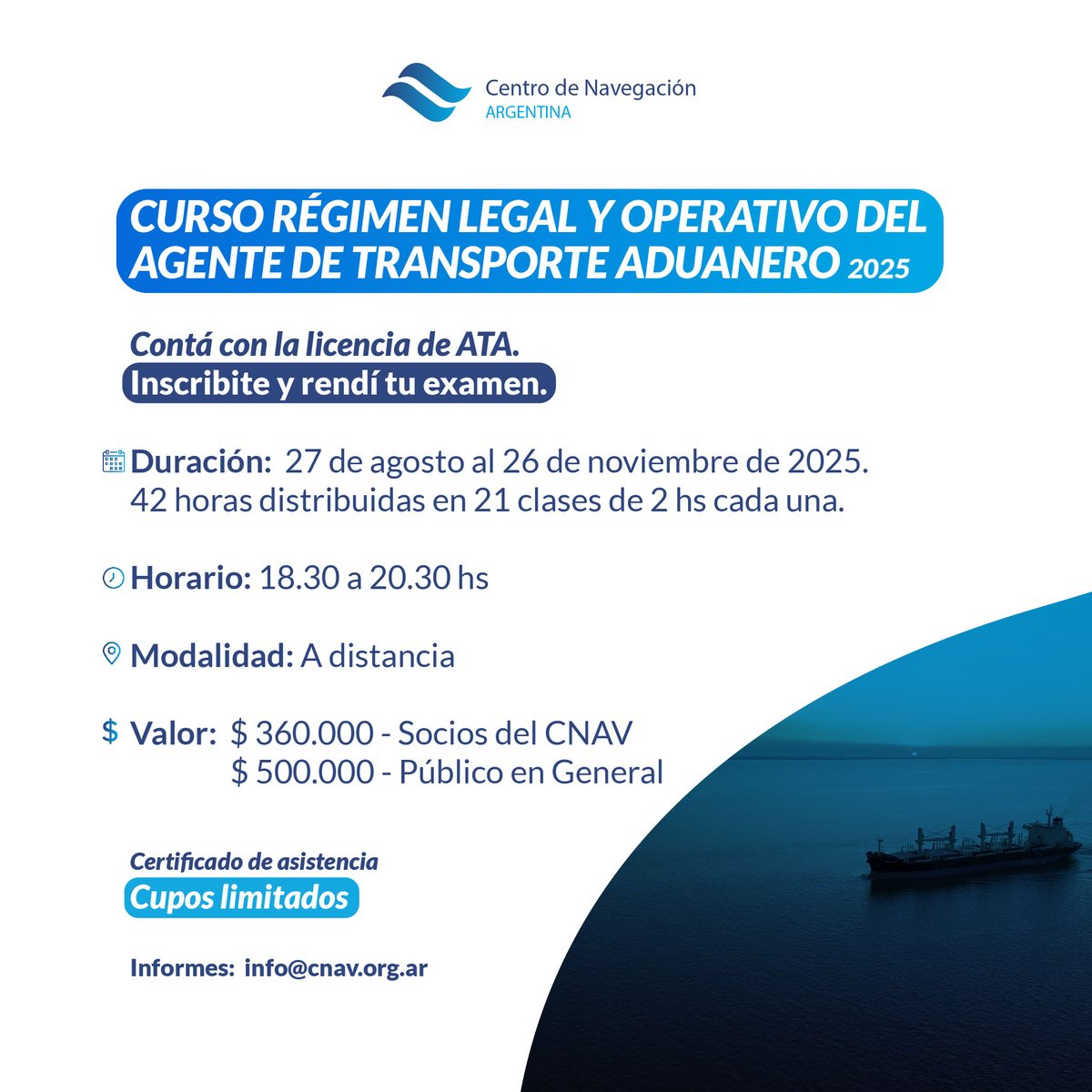Ya se encuentra abierta la inscripción para una nueva edición del curso ➡️“Régimen Legal y Operativo del Agente de Transporte Aduanero (ATA)” ✅

Para descargar programa del curso y formulario de inscripción hacer clic acá ➡️ centrodenavegacion.org.ar/regimen-legal-…