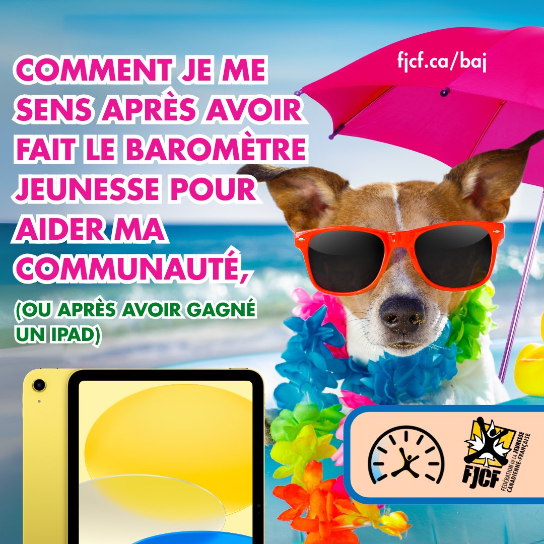 Je ne sais pas pour toi, mais je me sens bien mieux après avoir compléter le Baromètre jeunesse! Ça me permet d'expliquer ma réalité afin qu'on tienne réellement compte des enjeux qui sont importants pour toi et moi!

N'oublie pas que tu cours la chance de gagner un Ipad 😉