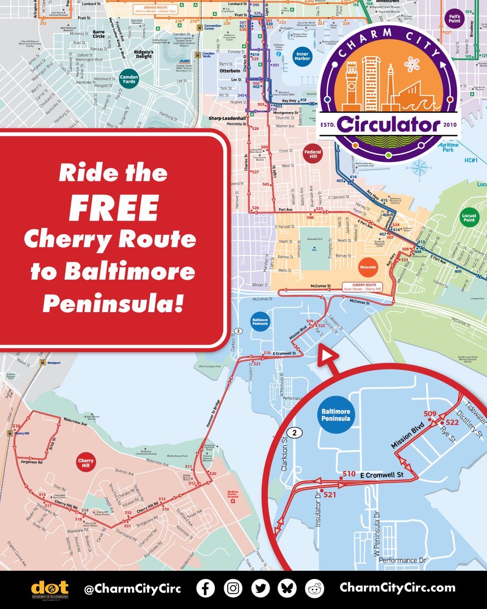 As the <a href="/Balt_Peninsula/">Baltimore Peninsula</a> continues to grow and fill with exciting new spots, don’t forget — the free Cherry Route takes you right into the heart of it all! 🔴

The Charm City Circulator is your easiest ride to and from the Peninsula. 🚌

<a href="/BmoreCityDOT/">Baltimore City DOT</a>