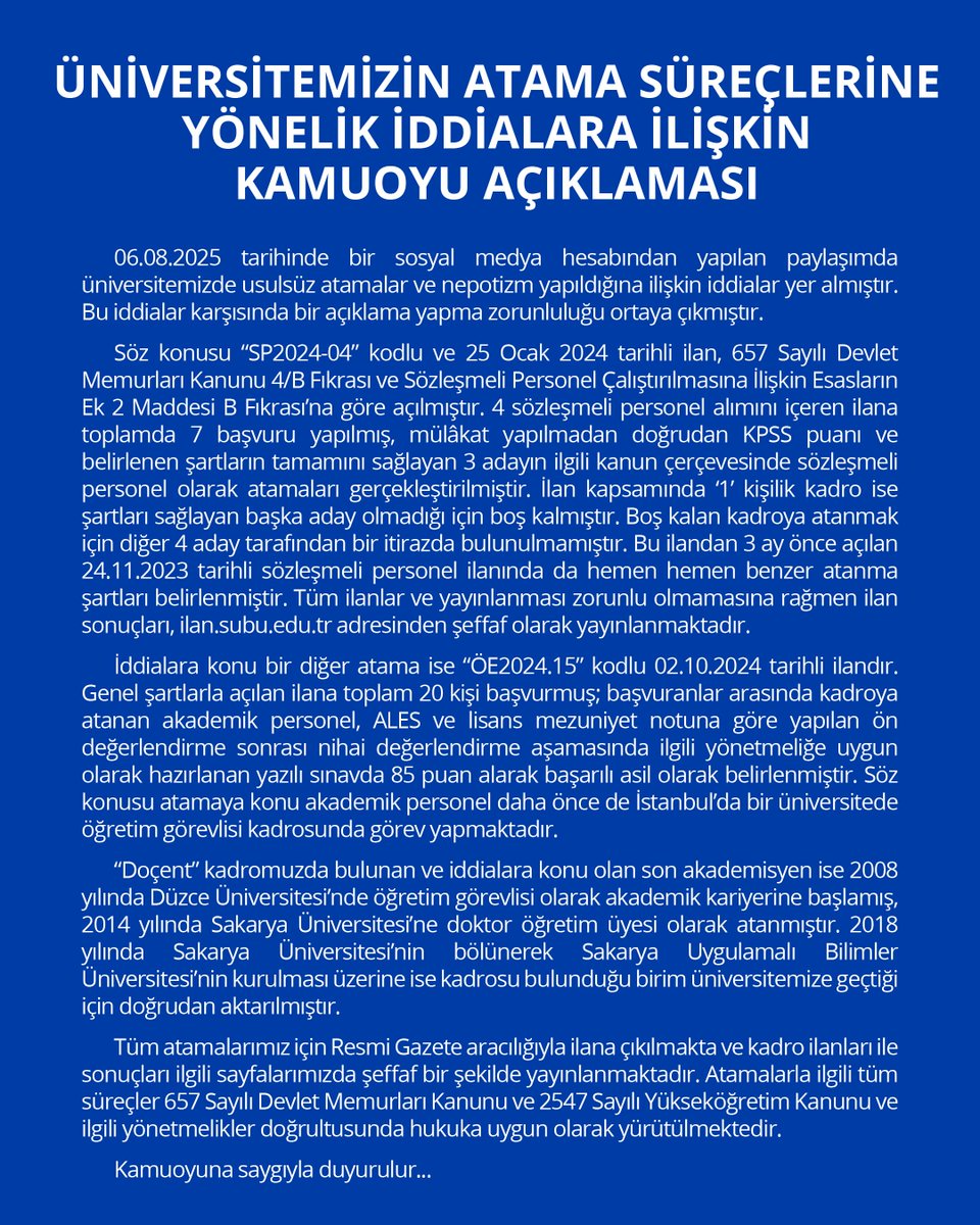 📣 Üniversitemizin Atama Süreçlerine Yönelik İddialara İlişkin Kamuoyu Açıklaması