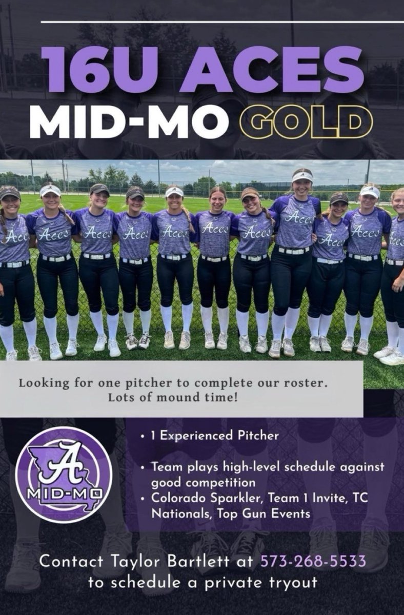 Aces Fastpitch (Mid-MO) (@acesfpmidmo) on Twitter photo Great opportunity with a strong team based out of Columbia, MO! Reach out for more information! Great opportunity with a strong team based out of Columbia, MO! Reach out for more information!