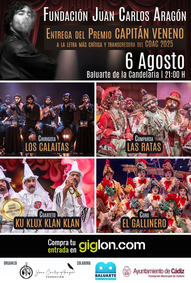 🎭💥 ¡ENTRADAS AGOTADAS! 💥🎭

No tenemos palabras suficientes para daros las GRACIAS. 🙌
Hoy, 6 de agosto, el Baluarte de la Candelaria se llenará de carnaval para celebrar la primera entrega del Premio Capitán Veneno 🏆, y lo hará con todas las entradas vendidas.