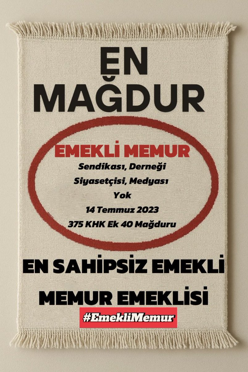 hüseyin hüseyin (@hyukselll) on Twitter photo Kimsesizin kimsesi olacağız dediniz.En büyük haksızlığı bize yasattiniz Emekli memur 2.5 milyonluk mağdur olan bir kesim.Bitirin bu adaletsizliği.Yasa uygulansin.
<a href="/RTErdogan/">Recep Tayyip Erdoğan</a>
<a href="/isikhanvedat/">Prof. Dr. Vedat Işıkhan</a>
<a href="/dbdevletbahceli/">Devlet Bahçeli</a>
#EmekliMemur
#MemurEmeklisineAdalet Kimsesizin kimsesi olacağız dediniz.En büyük haksızlığı bize yasattiniz Emekli memur 2.5 milyonluk mağdur olan bir kesim.Bitirin bu adaletsizliği.Yasa uygulansin.
<a href="/RTErdogan/">Recep Tayyip Erdoğan</a>
<a href="/isikhanvedat/">Prof. Dr. Vedat Işıkhan</a>
<a href="/dbdevletbahceli/">Devlet Bahçeli</a>
#EmekliMemur
#MemurEmeklisineAdalet