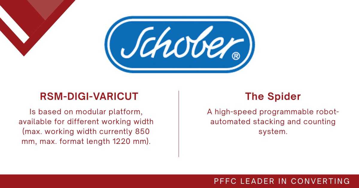 PFFConline's tweet image. PFFC Leader in Converting, Schober, has the RSM-DIGI-VARICUT which is has the rotary #converting of #digitallyprinted #packaging materials. There&apos;s also The Spider, which piles up different products combined within the same #printing image. 
Learn more: conta.cc/4okQneM