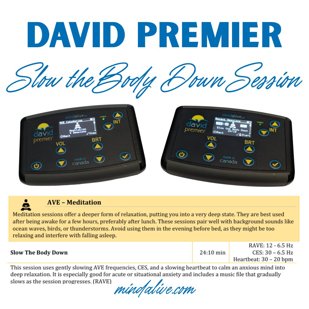 #Anxiety? The “Slow The Body Down” session on #DAVIDPremier calms an anxious mind into deep #relaxation. Description on p. 7 in manual.

Learn more: cdn.shopify.com/s/files/1/0014…

#MindAlive #AudioVisualEntrainment #CranioElectroStimulation #Meditation #Calming #EmotionRegulation