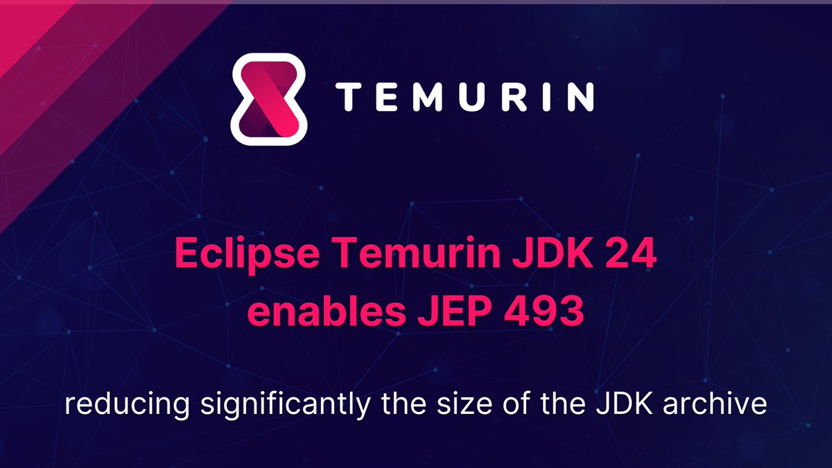 Eclipse Adoptium (@adoptium) on Twitter photo 🚨 Important news!
#EclipseTemurin enables JEP 493 for the JDK 24 general availability release (24.0.0+36) which significantly reduces the size of the JDK archive.
The releases of Eclipse Temurin 24.0.0+36 and newer will have JEP 493 enabled. This means that the JDK 24 release 🚨 Important news!
#EclipseTemurin enables JEP 493 for the JDK 24 general availability release (24.0.0+36) which significantly reduces the size of the JDK archive.
The releases of Eclipse Temurin 24.0.0+36 and newer will have JEP 493 enabled. This means that the JDK 24 release