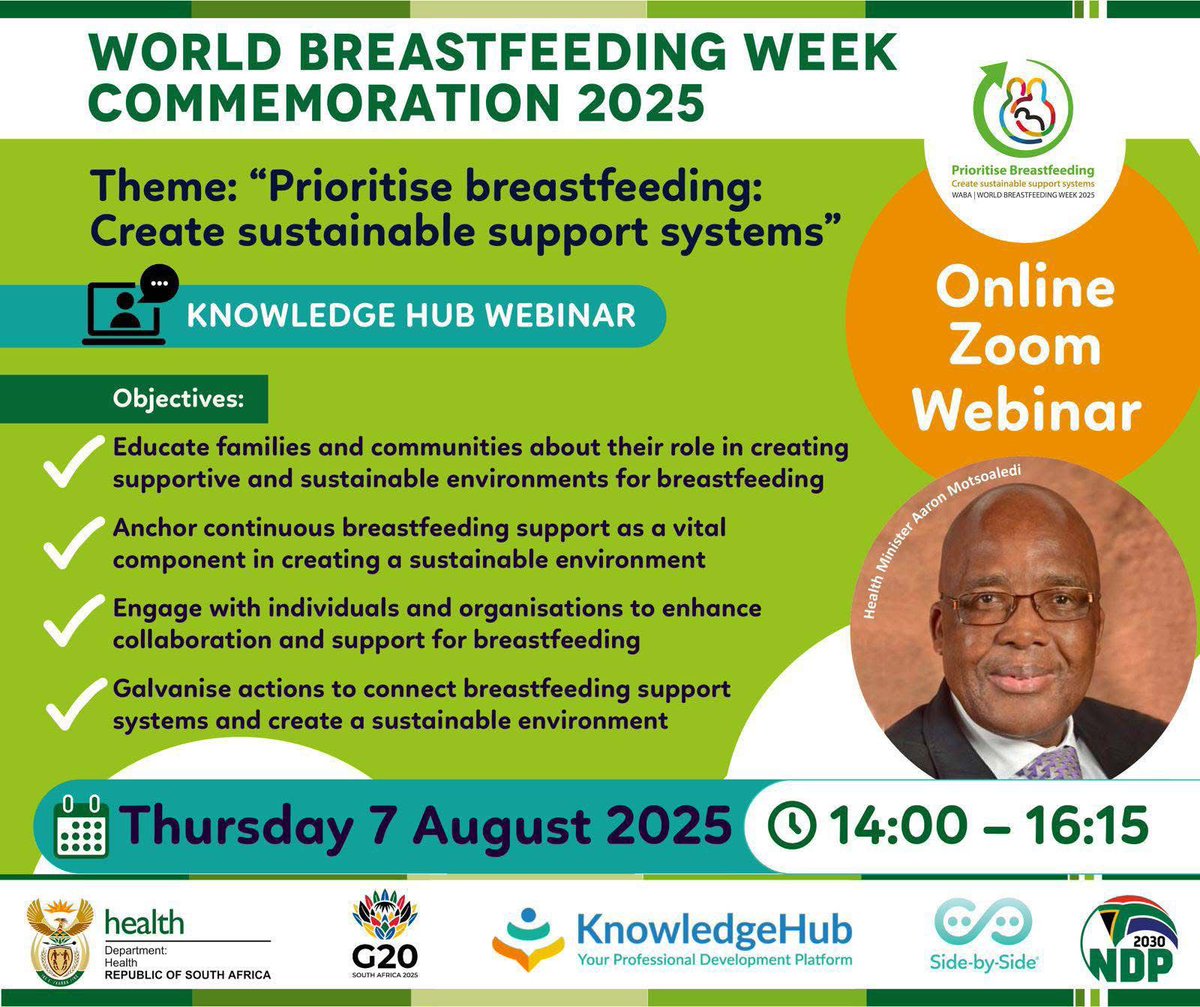 teampata's tweet photo. Join an engaging and important webinar with Health Minister Dr. Aaron Motsoaledi as they unpack support systems for breastfeeding in South Africa.
๐ Zoom link: https://t.co/a8aa41rqlu
#WorldBreastfeedingWeek #BreastfeedingSupport #SideBySideZA https://t.co/YDlvkExHey