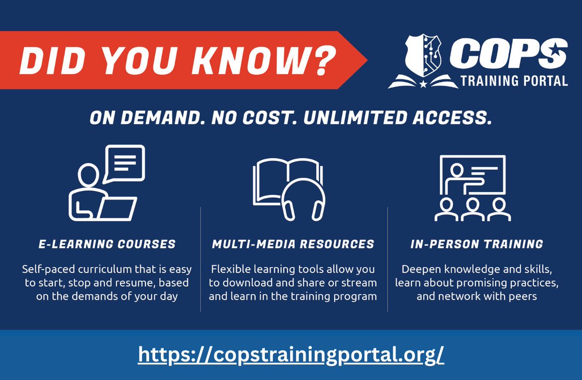 The COPS Training Portal provides #LawEnforcement organizations, training academies &amp; officers access to high-quality trainings &amp; materials in emerging #PublicSafety &amp; #CommunityPolicing topics at no cost. Get started here: copstrainingportal.org
