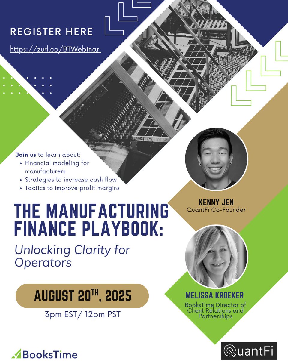 BooksTimeInc's tweet image. Join BooksTime &amp;amp; QuantFi on August 20th for our upcoming food &amp;amp; beverage manufacturer financial webinar. 

We&apos;ll discuss:
• Financial modeling for manufacturers
• Strategies to increase cash flow
•How to improve profit margins 

Save your spot here: zurl.co/BTWebinar