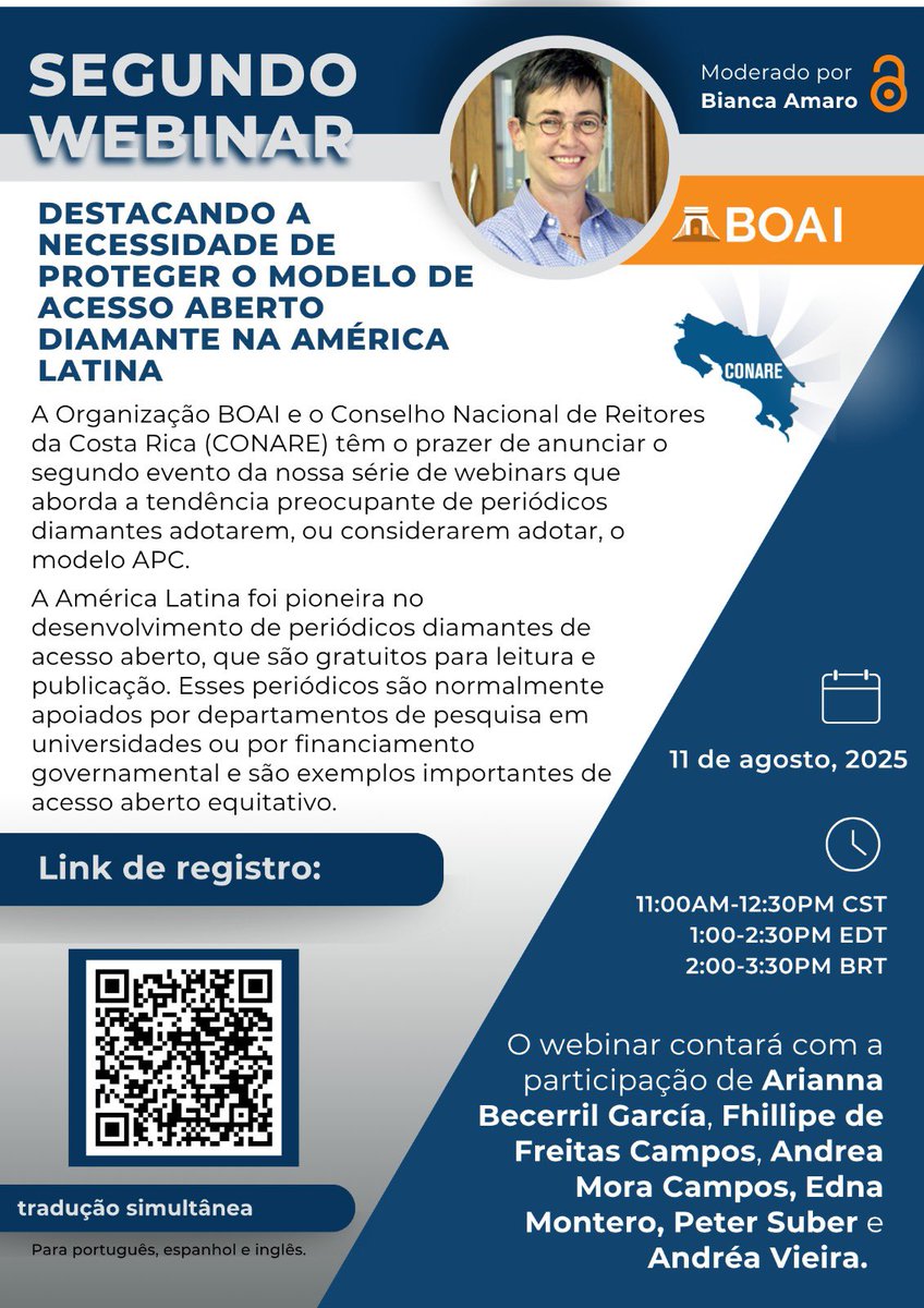 Únase al webinar organizado por nuestro nodo Costa Rica (CONARE) y la Organización BOAI: “Destacando la necesidad de proteger el modelo de acceso abierto diamante en América Latina.”

📆 11 de agosto.

🔗 Registro: us02web.zoom.us/meeting/regist…
