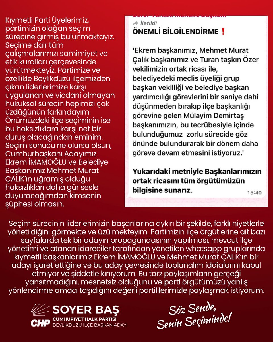 Kıymetli Parti Üyelerimiz, partimizin olağan seçim sürecine girmiş bulunmaktayız. Seçime dair tüm çalışmalarımızı samimiyet ve etik kuralları çerçevesinde yürütmekteyiz. Partimize ve özellikle Beylikdüzü ilçemizden çıkan liderlerimize karşı uygulanan ve vicdani olmayan hukuksal