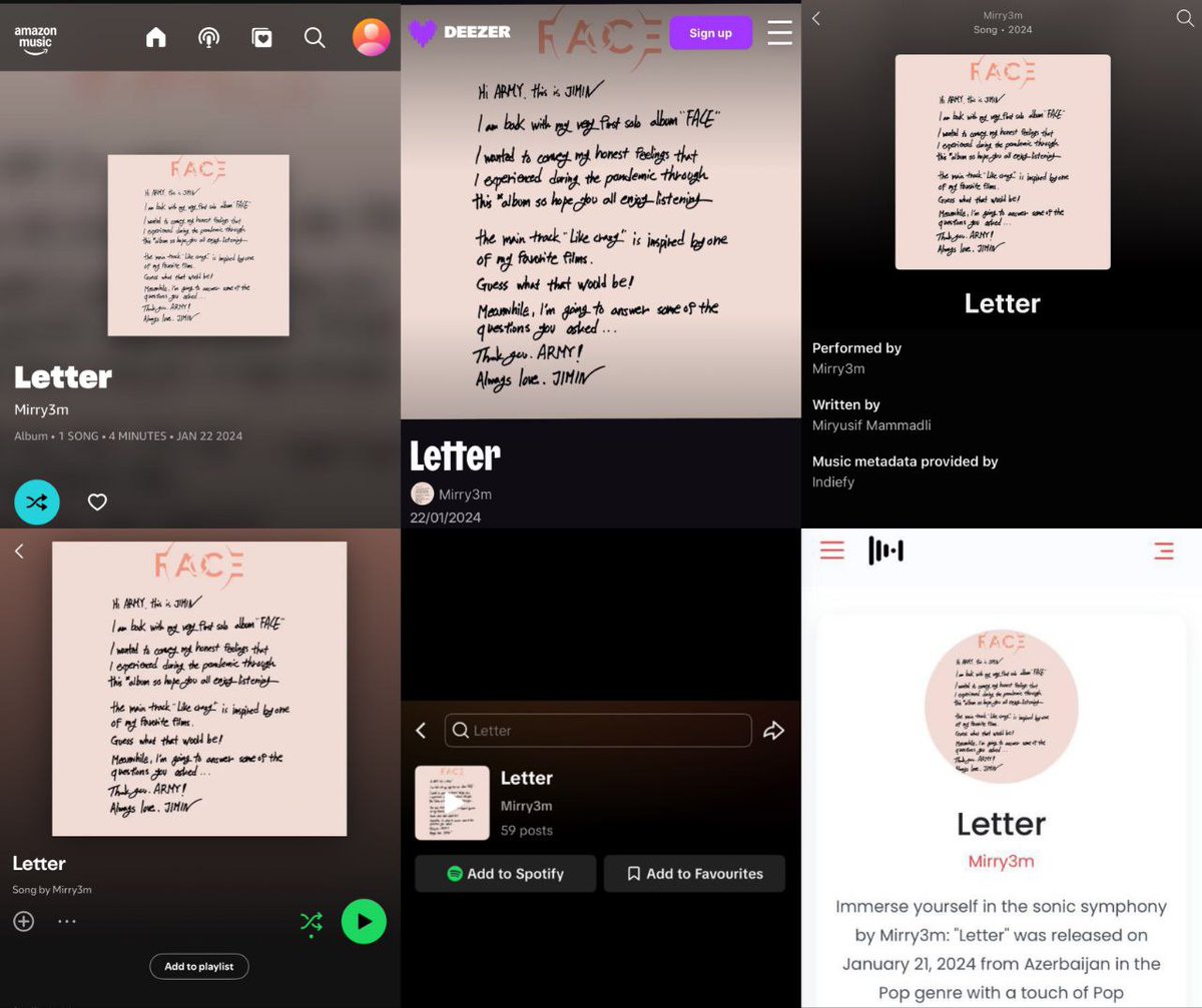 ♡J€N♡ʰᵒᵖᵉ ᵒⁿ ᵗʰᵉ ˢᵗᵃᵍᵉ♡ONL¥ ARM¥ OT7♡ (@jenniferllaneza) on Twitter photo Jimin’s “Letter” was stolen and copyrighted under the name Mirry3m (Miryusif Mammadli) on Jan 21, 2024, across Spotify, YouTube Music, TikTok, Amazon Music, Deezer & Indiefy. This needs urgent action!
<a href="/BIGHIT_MUSIC/">BIGHIT MUSIC</a> <a href="/HYBEOFFICIALtwt/">HYBE OFFICIAL</a> <a href="/bts_bighit/">BTS_official</a> Jimin’s “Letter” was stolen and copyrighted under the name Mirry3m (Miryusif Mammadli) on Jan 21, 2024, across Spotify, YouTube Music, TikTok, Amazon Music, Deezer & Indiefy. This needs urgent action!
<a href="/BIGHIT_MUSIC/">BIGHIT MUSIC</a> <a href="/HYBEOFFICIALtwt/">HYBE OFFICIAL</a> <a href="/bts_bighit/">BTS_official</a>