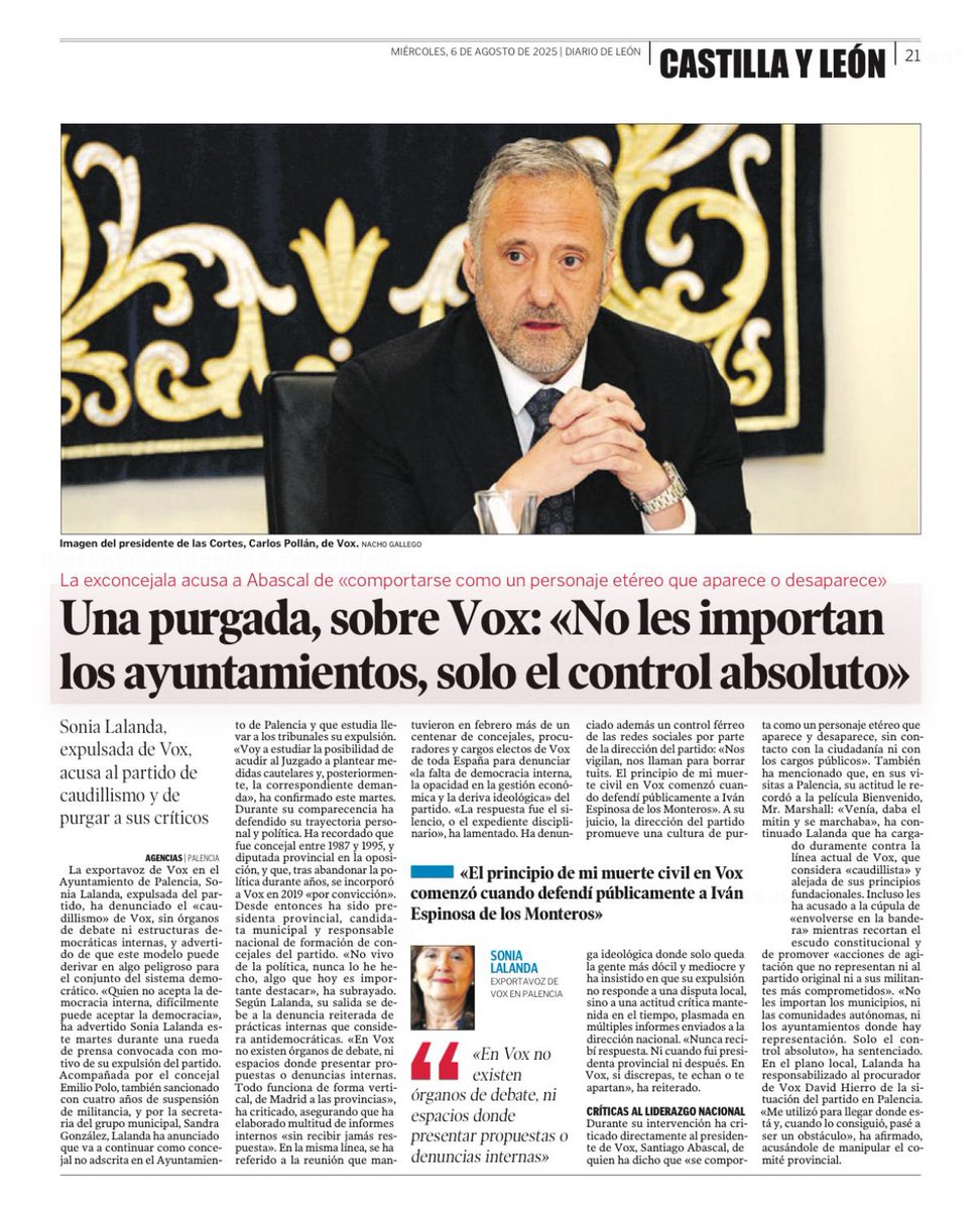 Para informar sobre el expediente abierto por Vox a una ex afiliada en Palencia, este periódico ilustra la noticia -¡a cinco columnas!- con la foto de un procurador de mi partido por León, concretamente, yo. 

Lees la noticia para saber cuál ha sido mi actuación en el