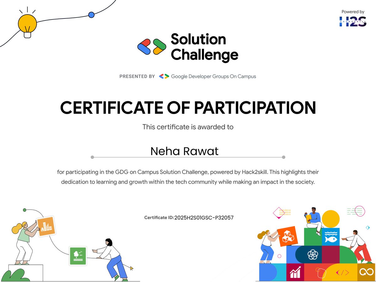 NehaRawat__'s tweet image. Proud to receive my Certificate of Participation for the GDG OnCampus Solution Challenge!
Grateful for the experience and learning.
#GoogleDevelopers #SolutionChallenge #WomenInTech #100DaysOfCode #TechTwitter #WomenInTech