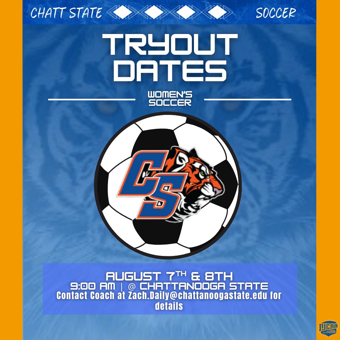 Chattanooga State Athletics (@chattstathletic) on Twitter photo Chattanooga State Women's Soccer will be hosting tryouts Thursday and Friday, August 7th & 8th. Tryouts start at 9am at Chattanooga State. Contact Coach Daily at Zach.Daily@chattanoogastate.edu for details! Chattanooga State Women's Soccer will be hosting tryouts Thursday and Friday, August 7th & 8th. Tryouts start at 9am at Chattanooga State. Contact Coach Daily at Zach.Daily@chattanoogastate.edu for details!
