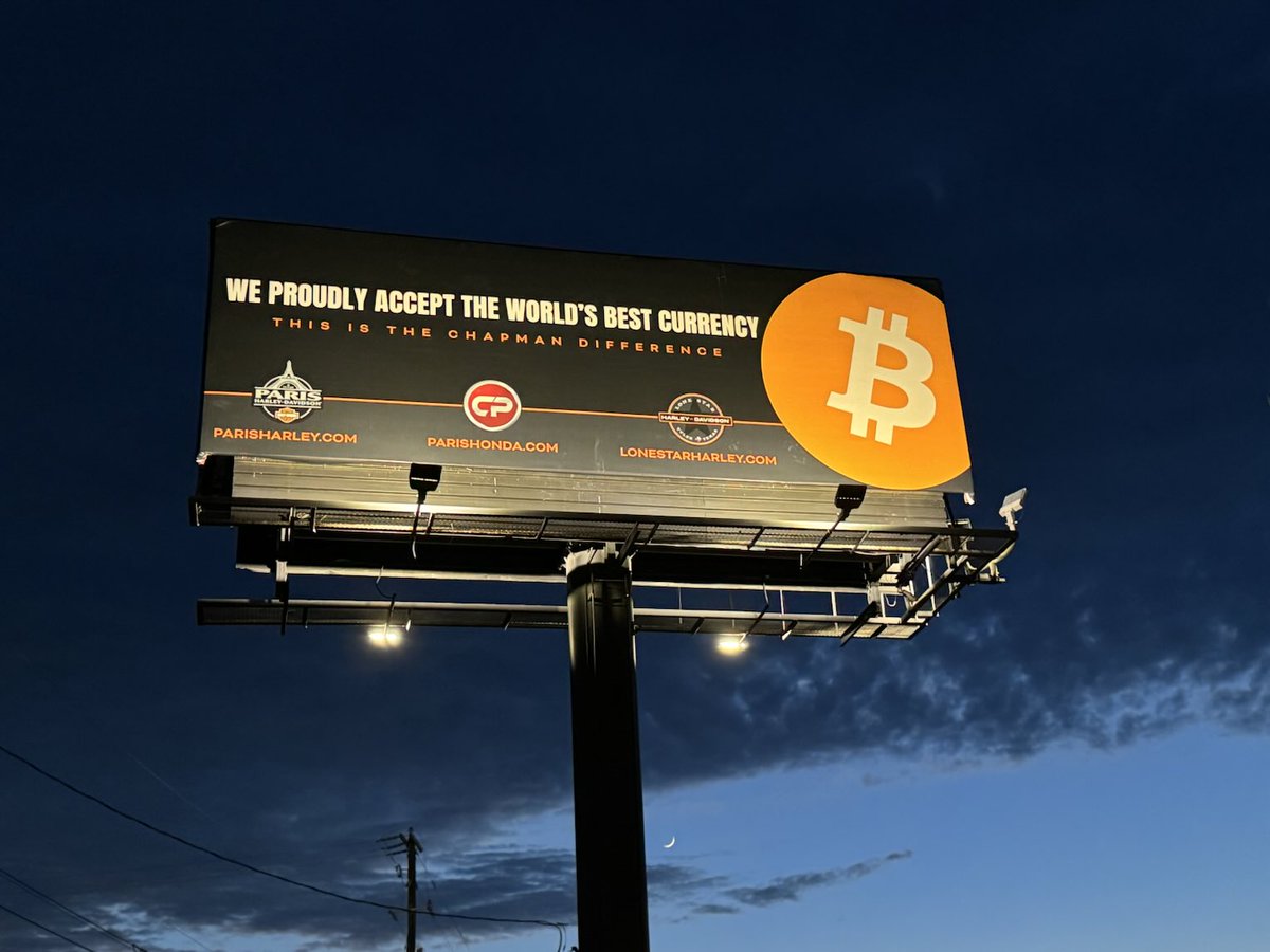 Josh MacNeel (@joshmacneel) on Twitter photo Check this out! Billboard in Paris, Texas. I’m buying two Hondas and considering a Harley. I hope any Bitcoiner in the market for a Motorcycle will buy it from Cody. <a href="/cryptochap33/">Cody Chapman</a> Check this out! Billboard in Paris, Texas. I’m buying two Hondas and considering a Harley. I hope any Bitcoiner in the market for a Motorcycle will buy it from Cody. <a href="/cryptochap33/">Cody Chapman</a>