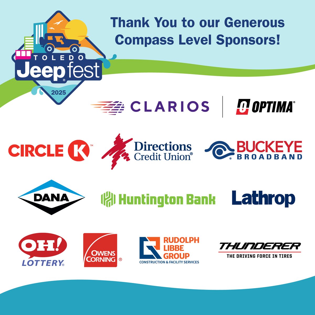 ToledoJeepFest (@toledojeepfest) on Twitter photo Our Compass Level Sponsors helped us make Toledo Jeep Fest bigger & better. Thanks Team Compass!! <a href="/ClariosGlobal/">Clarios</a> <a href="/OptimaBatteries/">OPTIMA® Batteries</a> <a href="/CircleKStores/">Circle K Stores</a> <a href="/directionscu/">Directions CU</a> #buckeyebroadband <a href="/DanaInc_/">Dana Incorporated</a> <a href="/Huntington_Bank/">Huntington Bank</a> <a href="/Lathrop_419/">The Lathrop Company</a> <a href="/OHLottery/">Ohio Lottery</a> <a href="/OwensCorning/">We Are Owens Corning</a> <a href="/rlgbuilds/">Rudolph Libbe Group</a> <a href="/ThundererTire/">Thunderer Tire</a>
#tjf2025 Our Compass Level Sponsors helped us make Toledo Jeep Fest bigger & better. Thanks Team Compass!! <a href="/ClariosGlobal/">Clarios</a> <a href="/OptimaBatteries/">OPTIMA® Batteries</a> <a href="/CircleKStores/">Circle K Stores</a> <a href="/directionscu/">Directions CU</a> #buckeyebroadband <a href="/DanaInc_/">Dana Incorporated</a> <a href="/Huntington_Bank/">Huntington Bank</a> <a href="/Lathrop_419/">The Lathrop Company</a> <a href="/OHLottery/">Ohio Lottery</a> <a href="/OwensCorning/">We Are Owens Corning</a> <a href="/rlgbuilds/">Rudolph Libbe Group</a> <a href="/ThundererTire/">Thunderer Tire</a>
#tjf2025
