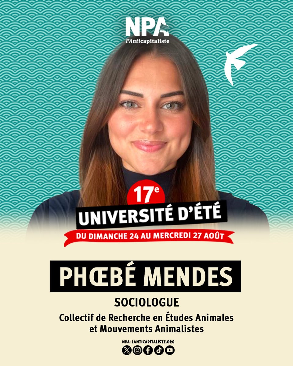 NPA_antica's tweet image. ✊🐶 Marchandise, travailleureuses ou collaborateurices : quelle place pour les animaux non-humains dans les rapports de production ?
Un atelier de notre 17è  université d'été avec @MendesPhoebe et @marco_maurizi  !
Prog complet et résas👉 npa-lanticapitaliste.org/UDT2025