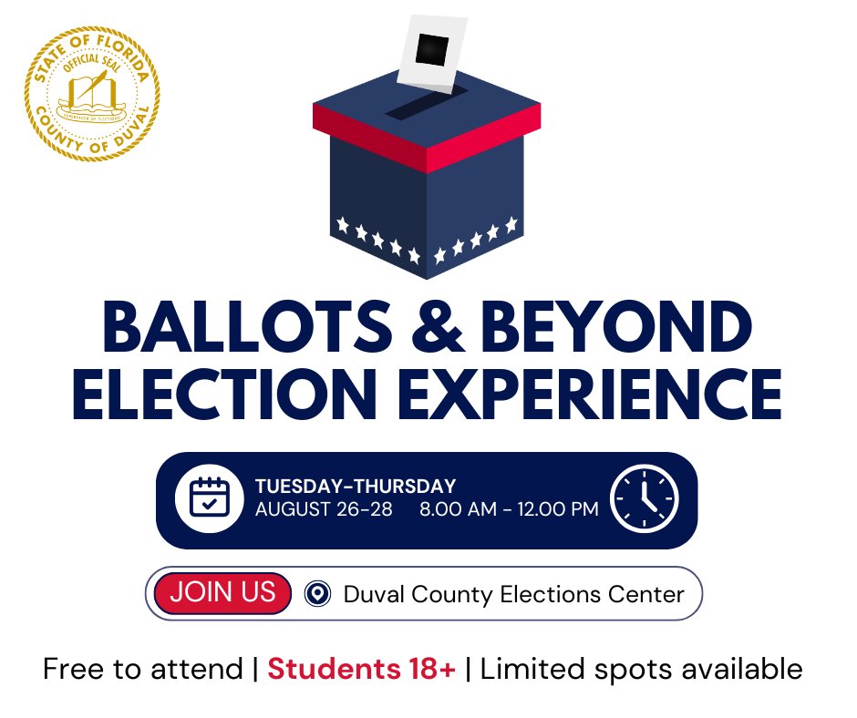 Calling all students 18+ to join us for Ballots &amp; Beyond- a behind the scenes experience where you'll explore the inner workings of elections, participate in interactive activities and networking opportunities! To register, please email duvalelectionsedu@coj.net by August 18th.