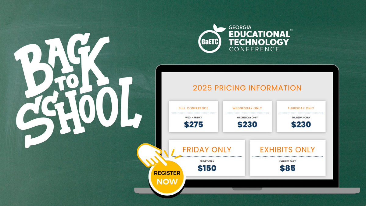 Georgia Educational Technology Conference (@gaetconf) on Twitter photo Welcome Back to School! ✏️📚🚌 Don't forget to register for #GaETC25. Regular registration rates apply plus one day registrations are now available. #PassportToInnovation
conference.gaetc.org/attend-gaetc/ Welcome Back to School! ✏️📚🚌 Don't forget to register for #GaETC25. Regular registration rates apply plus one day registrations are now available. #PassportToInnovation
conference.gaetc.org/attend-gaetc/