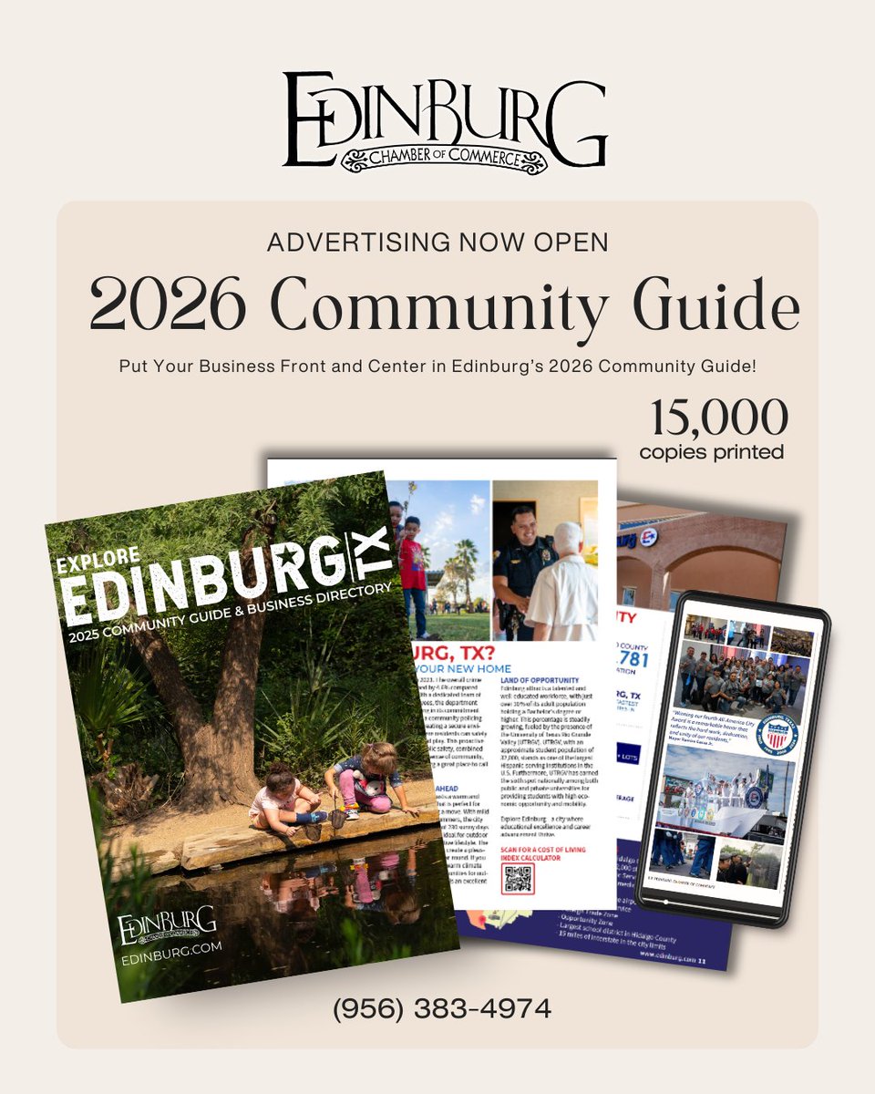 📣 Exciting News, Edinburg! Our Community Guide is your go-to for amazing local experiences. 🌟 We're accepting ad reservations for 2026! Elevate your visibility—call 956-383-4974! #EdinburgCommunityGuide #SupportLocal