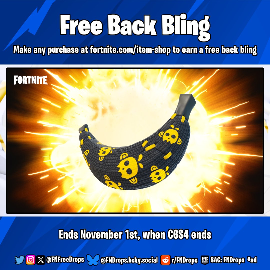 Make any purchase at fortnite.com/item-shop during C6S4 to earn a free back bling

🏆Reward
• Goldskull Peel Pack Back Bling

⌛️Ends November 1st (when C6S4 ends)

#Fortnite