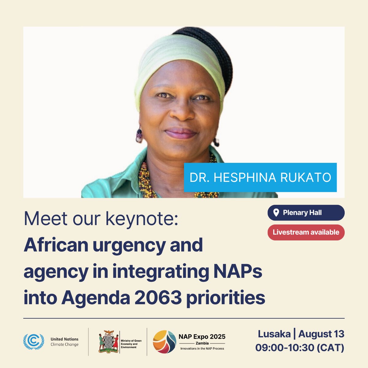 NAP Central (@nap_central) on Twitter photo π Join Dr. Hesphina Rukato at #NAPExpo2025 for a keynote on African Urgency & Agency in Integrating NAPs into Agenda 2063 π±
π
13 Aug | π 09:00β10:30 CAT
π Plenary Hall, Lusaka
π expo.napcentral.org/2025/event/2-1β¦
#UNFCCC #Lusaka #Zambia #ClimateAdaptation #NAPs #Resilience #Africa π Join Dr. Hesphina Rukato at #NAPExpo2025 for a keynote on African Urgency & Agency in Integrating NAPs into Agenda 2063 π±
π
13 Aug | π 09:00β10:30 CAT
π Plenary Hall, Lusaka
π expo.napcentral.org/2025/event/2-1β¦
#UNFCCC #Lusaka #Zambia #ClimateAdaptation #NAPs #Resilience #Africa