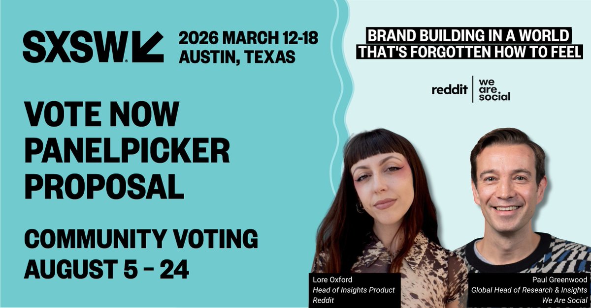 Why does everything feel the same? Audiences crave meaning, but get copy-paste culture, nostalgia overload, and AI blandness.

So, how can brands create real meaning in their audiences’ lives? 🤔

Find out more and vote for us to get to SXSW 2026: participate.sxsw.com/flow/sxsw/sxsw…