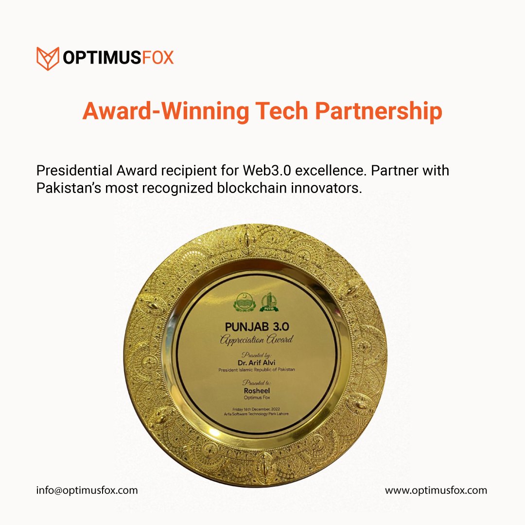 fox_optimus's tweet image. From innovation to recognition, OptimusFox is your trusted tech partner and proud recipient of the Presidential Award in Web 3.0. Let&apos;s build the future together.

#TechPartner #PresidentialAward #Web3Excellence #optimusfox