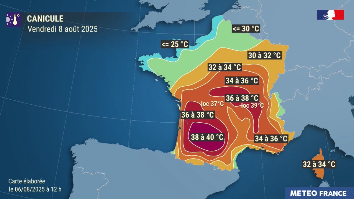 🌡 Demain jeudi, la chaleur devient particulièrement marquée sur le sud du pays.

Vendredi, elle s’accentue encore un peu plus partout sauf le long de la Manche.

🔥Le danger de feux reste toujours élevé sur une vaste partie du pourtour méditerranéen.

👉 meteofrance.com/actualites-et-…