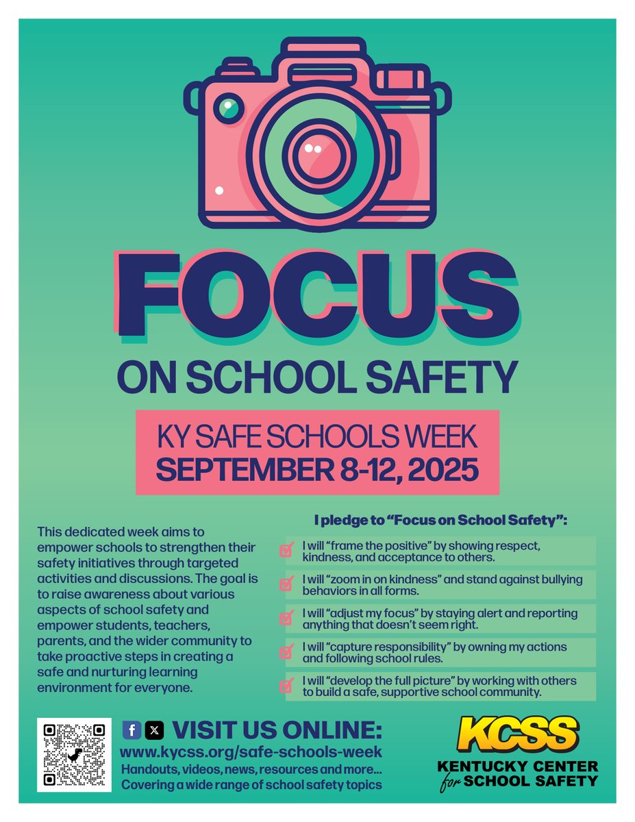 Ky School Safety (@kcssnews) on Twitter photo KCSS is excited to announce that the 2025 KY Safe Schools Week Campaign to "Focus On School Safety" has been released on our website. We will celebrate Sept 8-12.
<a href="/KEDC_THRIVE/">@KEDC_THRIVE</a>
<a href="/Thedanibradley/">Dani Bradley</a>
<a href="/DrJWEvansJr/">Jim Evans Ed.D.</a>
<a href="/ReneeKET/">Renee Shaw</a>
<a href="/ksbanews/">Kentucky School Boards Association (KSBA)</a>
@all_nin_ky
<a href="/GRRECKY/">GRRECKY</a> KCSS is excited to announce that the 2025 KY Safe Schools Week Campaign to "Focus On School Safety" has been released on our website. We will celebrate Sept 8-12.
<a href="/KEDC_THRIVE/">@KEDC_THRIVE</a>
<a href="/Thedanibradley/">Dani Bradley</a>
<a href="/DrJWEvansJr/">Jim Evans Ed.D.</a>
<a href="/ReneeKET/">Renee Shaw</a>
<a href="/ksbanews/">Kentucky School Boards Association (KSBA)</a>
@all_nin_ky
<a href="/GRRECKY/">GRRECKY</a>