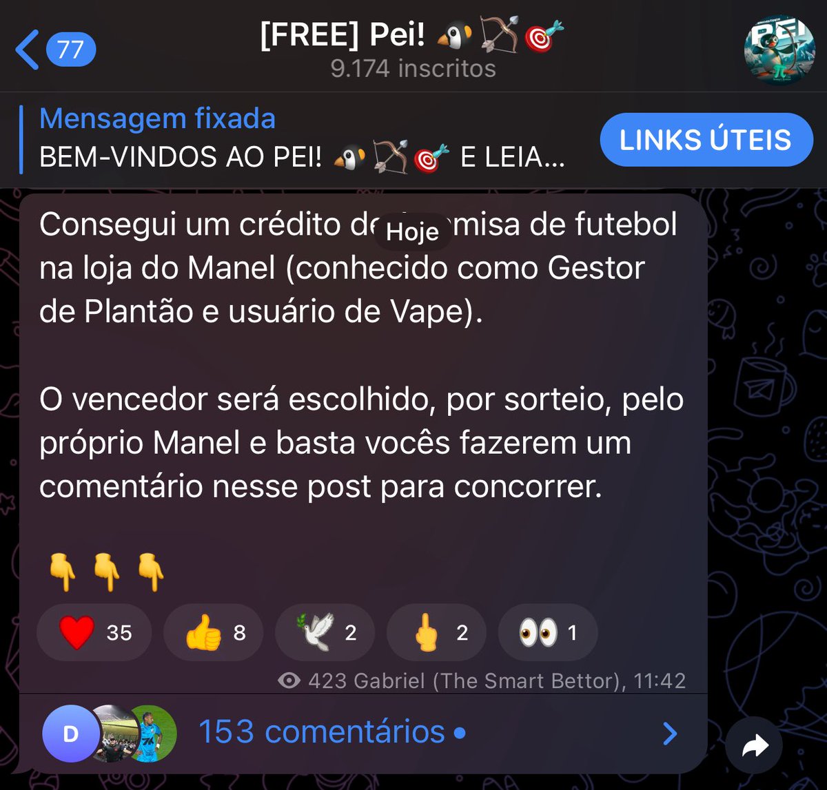 The Smart Bettor (@thesmartbettor) on Twitter photo O Manel <a href="/GestorDePlantao/">Gestor de Plantão 👨🏻💻</a> vai sortear uma camisa da loja dele lá no Pei 🐧
Link: t.me/FazUmPei O Manel <a href="/GestorDePlantao/">Gestor de Plantão 👨🏻💻</a> vai sortear uma camisa da loja dele lá no Pei 🐧
Link: t.me/FazUmPei