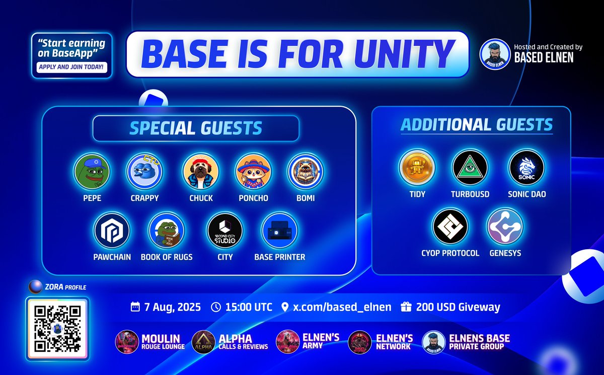 Based Elnen (@based_elnen) on Twitter photo 🎙@BASE is for UNITY 🟦
🔹THURSDAY 7.8. 15:00 UTC ⌛️
💵 GIVEAWAY 200 USD
🧾RULES ⤵️
1️⃣LIKE & RT
2️⃣TAG 2 FRIENDS
3️⃣FOLLOW <a href="/base/">Base</a>d_elnen
4️⃣JOIN SPACES 👉 x.com/i/spaces/1PlKQ…
Spec. Guests 🏆
$PEPE <a href="/0x52BasedPepe/">Based Pepe 🧢🐸</a>
$CRAPPY <a href="/CrappyBirdBase/">Crappy Bird CTO</a>
$CHUCK <a href="/CHUCK_on_Base/">CHUCK</a>
$PONCHO <a href="/ponchoBASE/">Poncho on BASE</a> 🎙@BASE is for UNITY 🟦
🔹THURSDAY 7.8. 15:00 UTC ⌛️
💵 GIVEAWAY 200 USD
🧾RULES ⤵️
1️⃣LIKE & RT
2️⃣TAG 2 FRIENDS
3️⃣FOLLOW <a href="/base/">Base</a>d_elnen
4️⃣JOIN SPACES 👉 x.com/i/spaces/1PlKQ…
Spec. Guests 🏆
$PEPE <a href="/0x52BasedPepe/">Based Pepe 🧢🐸</a>
$CRAPPY <a href="/CrappyBirdBase/">Crappy Bird CTO</a>
$CHUCK <a href="/CHUCK_on_Base/">CHUCK</a>
$PONCHO <a href="/ponchoBASE/">Poncho on BASE</a>