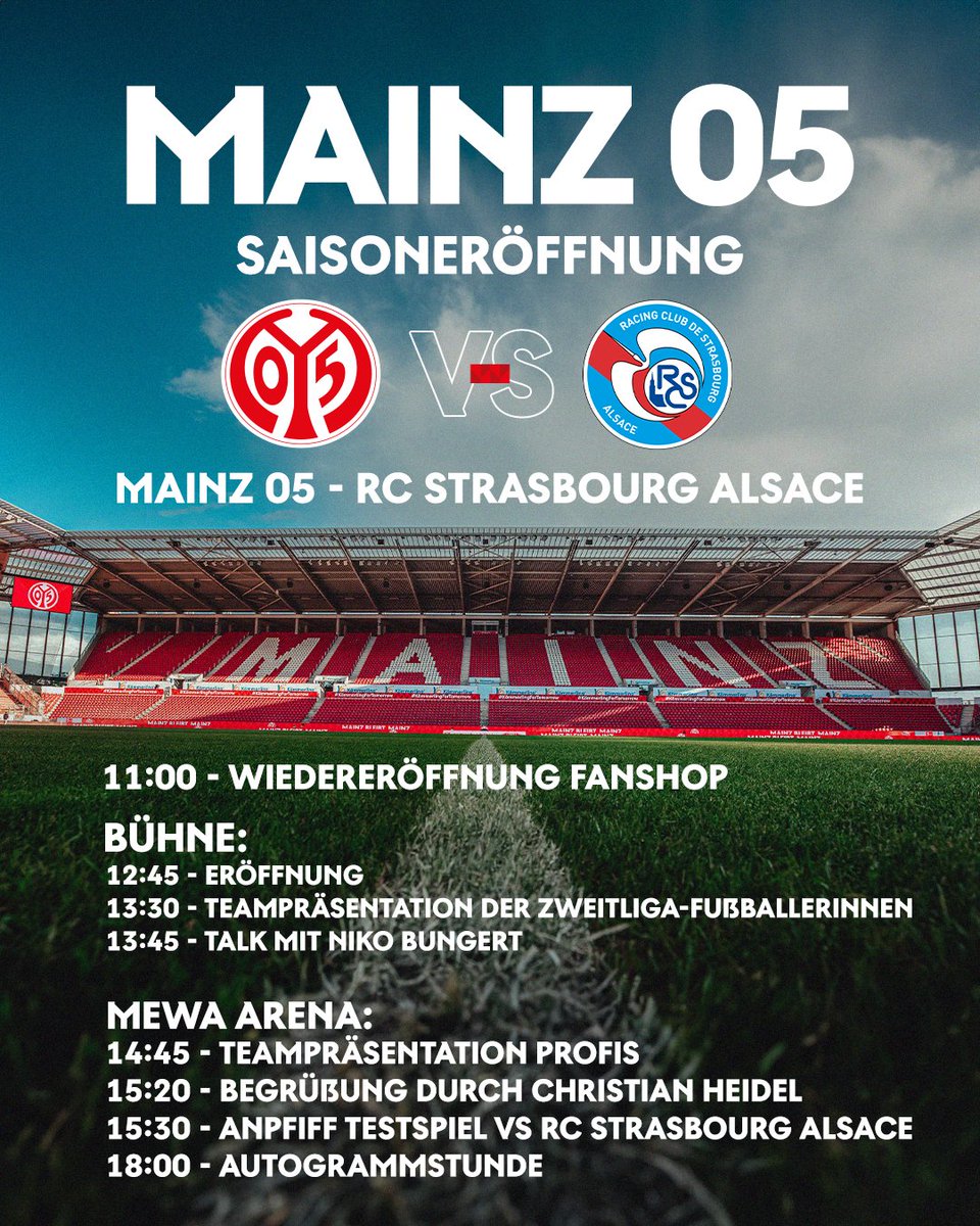 1. FSV Mainz 05 (@1fsvmainz05) on Twitter photo Unsere Saisoneröffnung am Samstag gegen <a href="/RCSA/">Racing Club de Strasbourg Alsace</a> 🏟️
Alle Infos zu Samstag:
mainz05.de/news/testspiel…
#Mainz05 Unsere Saisoneröffnung am Samstag gegen <a href="/RCSA/">Racing Club de Strasbourg Alsace</a> 🏟️
Alle Infos zu Samstag:
mainz05.de/news/testspiel…
#Mainz05