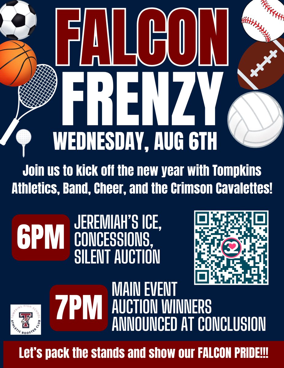 TODAY'S THE DAY! Don't miss FALCON FRENZY!! We will also have Jeremiah's Ice, concessions and a silent auction! Let's pack the stands and show our FALCON PRIDE!!! Silent Auction open until 8:15PM 32auctions.com/2025FalconFren…