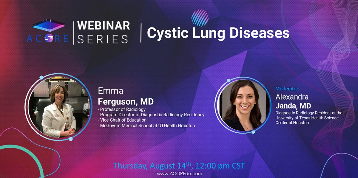 🚨 Webinar Alert! 🚨
Join us for an exciting ACORE Webinar Series session on Cystic Lung Diseases 🫁

🎙 Speaker: Dr. Emma Ferguson
🧠 Prof. of Radiology | Program Director | Vice Chair of Education
📍 McGovern Medical School, UTHealth Houston

🎤 Moderator: Dr. Alexandra Janda