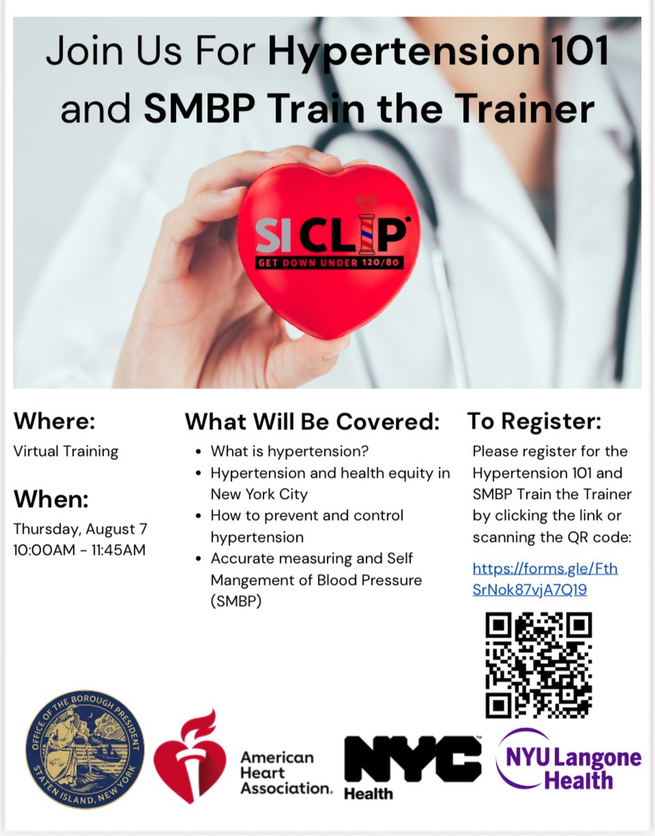 Your health matters. Please register for Hypertension 101 — a virtual training on blood pressure self-management, accurate SMBP techniques, and healthy lifestyle tips. #StatenIsland 

🗓️ August 7, 2025
🕙 10:00–11:45 AM ET
🔗 Register here: forms.gle/FthSrNok87vjA7…