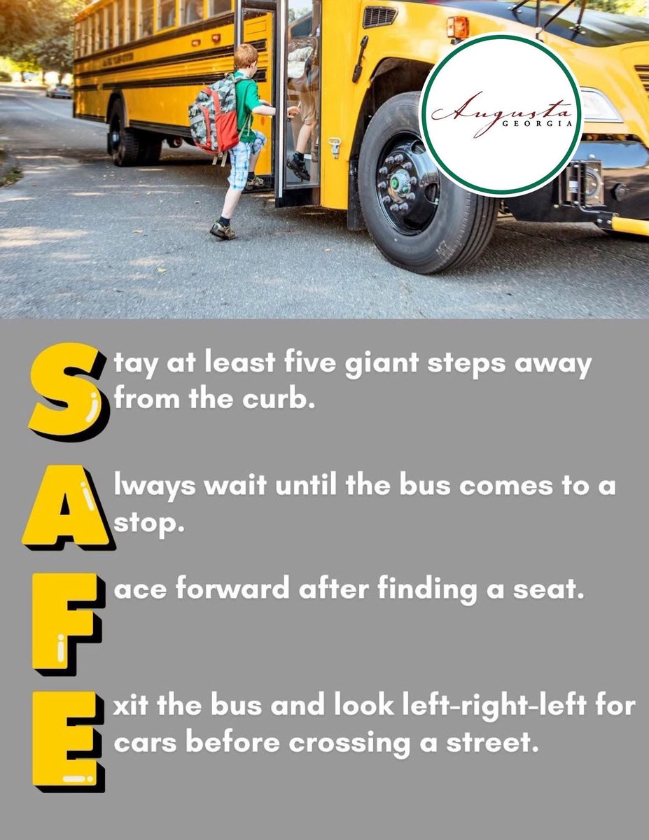 CityofAugusta's tweet image. We’re only three days into the school year, and it’s the perfect time to go over bus stop safety reminders with your children. 

A quick talk can make a big difference in keeping them safe all year long. 🛑

#AugustaGA #BusStopSafety #SchoolSafety #BackToSchool